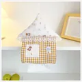 Close-up of a house-shaped hanging tissue pouch with yellow checkered and floral patterns - 28*22cm / Yellow