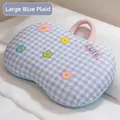 Large size blue checkered memory foam pillow with cute flower embroidery and pink handle - Large (55x35cm) / Blue Plaid