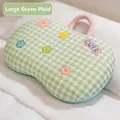 Large green plaid memory foam belly pillow with floral embroidery and handle - Large (55x35cm) / Green Plaid