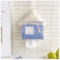 Detailed view of cute house-shaped hanging tissue bag with blue plaid and lace trim - 28*22cm / Blue
