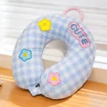 Almohada de cuello en forma de U de espuma viscoelástica a cuadros azul y flores - Almohada en U a Cuadros Azules
