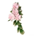 Close-up of 3D embroidered floral lace patch with pink flowers and green leaves - Pink