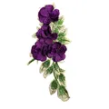 Close-up of 3D purple floral embroidery patch with green and gold leaf details - Purple