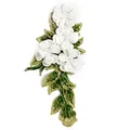 Detail view of 3D embroidered floral lace patch with white flowers and green leaves - White