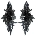 Close-up view showing the heavy embroidery detail on black lace floral applique patches - 1 Pair Pack / Black