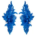Detailed view of royal blue symmetrical lace floral embroidery patches for DIY - 1 Pair Pack / Sapphire Blue