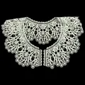 Macro view of the intricate hollowed embroidery on white milk silk lace detachable collar. - White