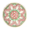 Detailed shot of circular pink butterfly embroidered lace coaster with floral motifs - Style 1 Butterfly (ZB119120) / 28cm