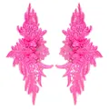 Detailed view of a pair of vibrant pink symmetrical lace embroidery floral patches for DIY - 1 Pair Pack / Rose Red
