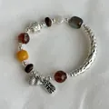 Detail view of S925 silver bracelet with mixed natural stones and hammered metal tube. - Gourd Amulet Style (B6133) / 999 Fine Silver / Silver Red