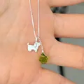 Elegant S925 silver necklace featuring a cute puppy charm and a green faceted crystal - Dog Style-Olive Green (N1426) / 925 Silver