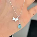 Dainty S925 silver necklace featuring a cute dog charm and a light blue crystal teardrop - Dog Style-Sky Blue (N1427) / 925 Silver