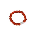 Elastic red carnelian bead ring with 925 silver bead and pearl, minimalist jewelry - Red Agate Pearl Style (J0442)