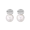 Elegant 925 silver earrings featuring irregular disks and lustrous white pearl drops - 925 Silver / White Gold