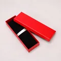 Premium red textured pen gift box with black velvet lining and silver ribbon holder - Pink