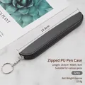 Sleek grey PU leather stylus sleeve with zipper and keychain for portable protection - Gray
