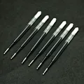 Set of six 100mm black ink gel pen refills with fine needle tips on black background. - Black