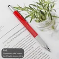 Red multifunctional 6-in-1 tool pen featuring a ruler, level, and capacitive stylus - Red