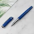 Professional blue metal rollerball pen with chrome accents on white marble surface. - Blue Silver