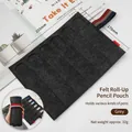 Premium grey felt roll-up pencil wrap with striped elastic strap and multiple pen slots - Dark Gray
