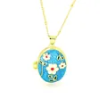 Detailed view of 18k gold oval locket necklace featuring colorful enamel flowers - Sky Blue Background - Enamel Flower Style (D5)