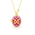 Detailed view of an elegant oval locket necklace with purple enamel and pearl accents - Purple Base Red Cross Floral Locket (AC133)