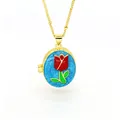 Detailed view of vintage 18k gold oval locket necklace with red tulip enamel design - Sky Blue Background - Red Tulip Style (C4)