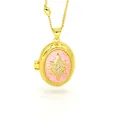 Macro view showing a gold-plated oval locket necklace with pink enamel and star charm. - Pink Base Gold Eight-pointed Star Locket (AC133)