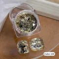 Glittering gold hexagonal nail sequins in jar and on nail samples for DIY art 10# - Model 10# Laser Sequins