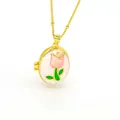 Detailed macro view of an 18k gold oval locket necklace with pink enamel tulip - Pure White Background - Pink Tulip Style (C3)