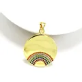 Detailed macro view of a gold circular pendant featuring vibrant rainbow gemstone inlay detail - Rainbow Bohemian Style (043)