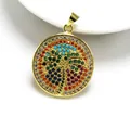 Detailed view of a gold-plated circular pendant featuring a colorful palm tree design - Tropical Palm Tree Style (042)