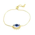 Vista detallada de la pulsera de ojo turco dorada con cristal azul y cierre ajustable - Azul