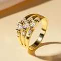 Elegante anello multistrato in oro con zirconi quadrati e rotondi scintillanti da donna - Taglia 5 / Anello di Zirconia a Tre File (K Oro)