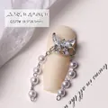 Elegant silver butterfly nail charm with zircon crystals and white pearl chain - Butterfly Pearl Chain Style (G577#)