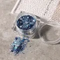 Professional blue chunky hexagonal nail glitter sequins in a clear jar for DIY manicures. - 19 Blue Series