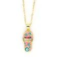 Detailed close-up of a pink enamel slipper necklace pendant with blue evil eye motifs - Pink