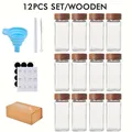 12-piece set of 4oz square glass spice jars with acacia wood lids, funnel and labels - 12 Pieces Set With Wood Lids