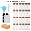 Complete 24-piece square spice jar set with wooden lids, funnel, brush, and labels. - 24 Pieces Set With Wood Lids