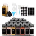 Set de tarros de especias cuadrados de 120ml con tapas de aluminio negras y etiquetas - 12 Piezas - Tapa de Aluminio Negra - Pincel - Embudo - Etiquetas - Pluma