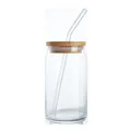16oz clear can-shaped glass drinking cup featuring a natural bamboo lid and glass straw. - Clear Cup (16oz) / With Bamboo Lid + Straw