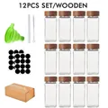 Juego de 12 frascos de vidrio para especias con tapas de madera, embudo y etiquetas - Pack de 12 (Tapa Cuadrada de Madera de Acacia)