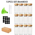 Juego de 12 frascos de vidrio para especias con tapas de bambú, embudo y etiquetas - Colección de 12 Frascos Especias Tapa Bambú
