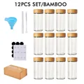 Komplettes 12-teiliges Gewürzglas-Set mit Bambusdeckeln, Trichter, Reinigungsbürste und Etiketten - 12-Teiliges Set Runde Gewürzgläser Mit Bambusdeckel