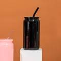 Macro view of 16oz black glass can cup with matching lid and straw on white pedestal - Can Shape With Black Lid Straw / 16oz/500ml / Black