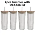 Set aus vier gerippten Glasbechern mit passenden Holzdeckeln und klaren Strohhalmen - Holzdeckel / 4er-Set