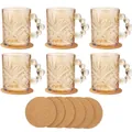 6-piece set of 320ml amber glass coffee mugs with beaded pearl handles and cork coasters - Leaf (6-Piece Set + Coasters)