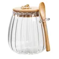 Bocal en verre strié élégant avec couvercle en bambou naturel et cuillère en bambou assortie - Style Rond Avec Cuillère