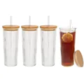 4er-Set große gerippte Eiskaffeegläser mit umweltfreundlichen Bambusdeckeln und Strohhalmen - Ersatzdeckel aus Bambus / 4er-Set