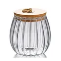 Bocal de rangement en verre strié transparent avec couvercle en bambou et anneau doré - Style Rond